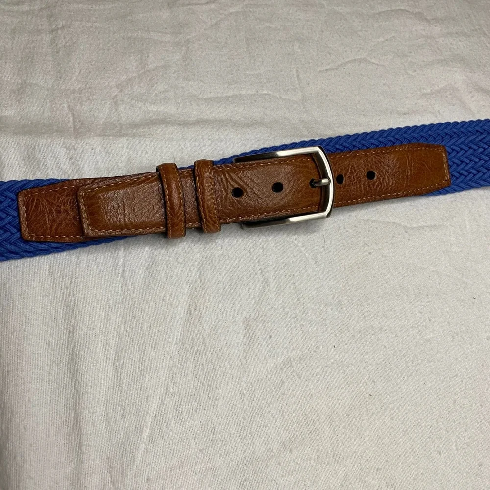 Torino Belts Mens 34 Blue Woven Elastic Stretch Belt Brown Leather Trim USA